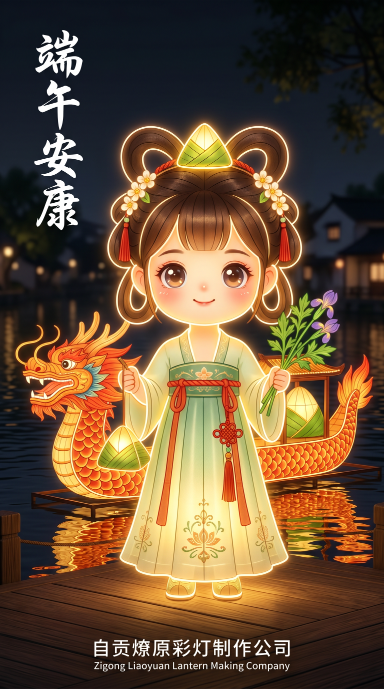 alt=自贡彩灯制作公司-燎原彩灯端午节沉浸式水上龙舟灯组效果图